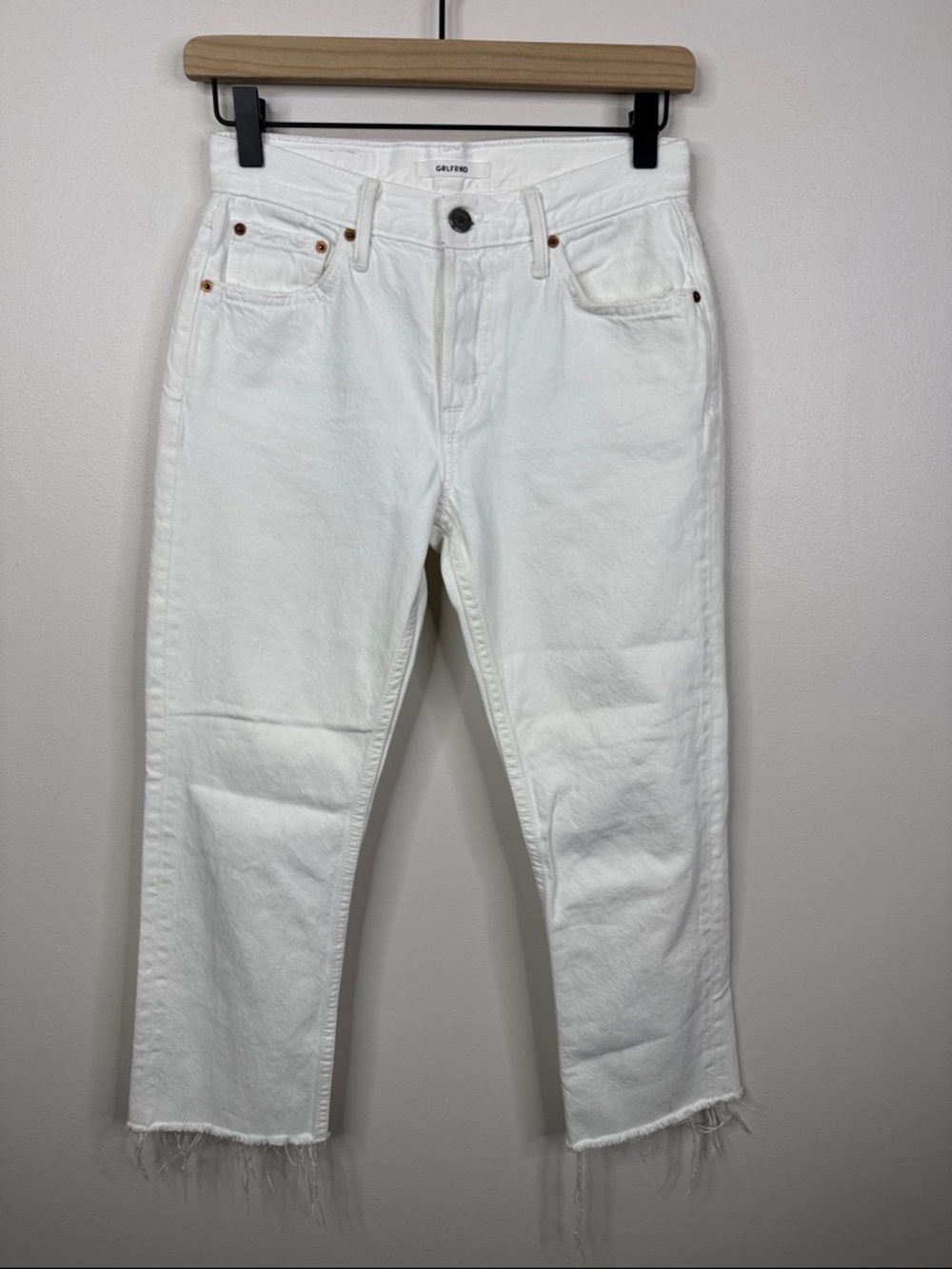 GRLFRND Helena High Rise Straight Leg Jeans Blue 24 90s Stovepipe Raw Hem Denim
